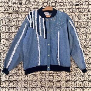 Vintage 90s handmade denim jean bomber jacket with frayed fringe & star detail